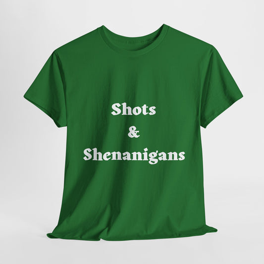 St. Patrick's Day Humor Unisex Heavy Cotton Tee - "Shots & Shenanigans"